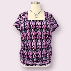 Lane Bryant Short Sleeve Geo Abstract Print Blouse 18/20 Pink Black Artsy Top